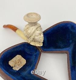 Antique Meerschaum & Amber African Womans Head Pipe & Original Case