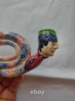 RARE c1810 GEORGIAN PRATTWARE POTTERY COIL SNAKE MAN'S HEAD PIPE- RESTORED