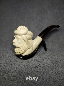 VTG, Meerschaum/ Turkish Hand Carved, Sultan Bearded Head pipe with case, Unused