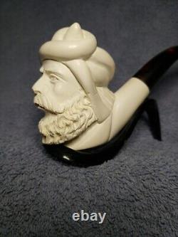 VTG, Meerschaum/ Turkish Hand Carved, Sultan Bearded Head pipe with case, Unused