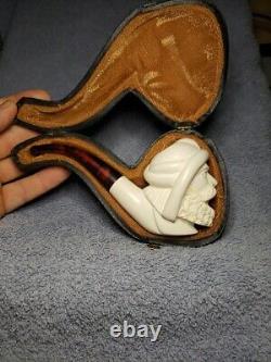 VTG, Meerschaum/ Turkish Hand Carved, Sultan Bearded Head pipe with case, Unused