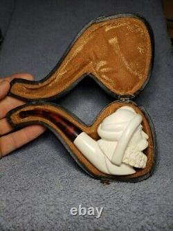 VTG, Meerschaum/ Turkish Hand Carved, Sultan Bearded Head pipe with case, Unused